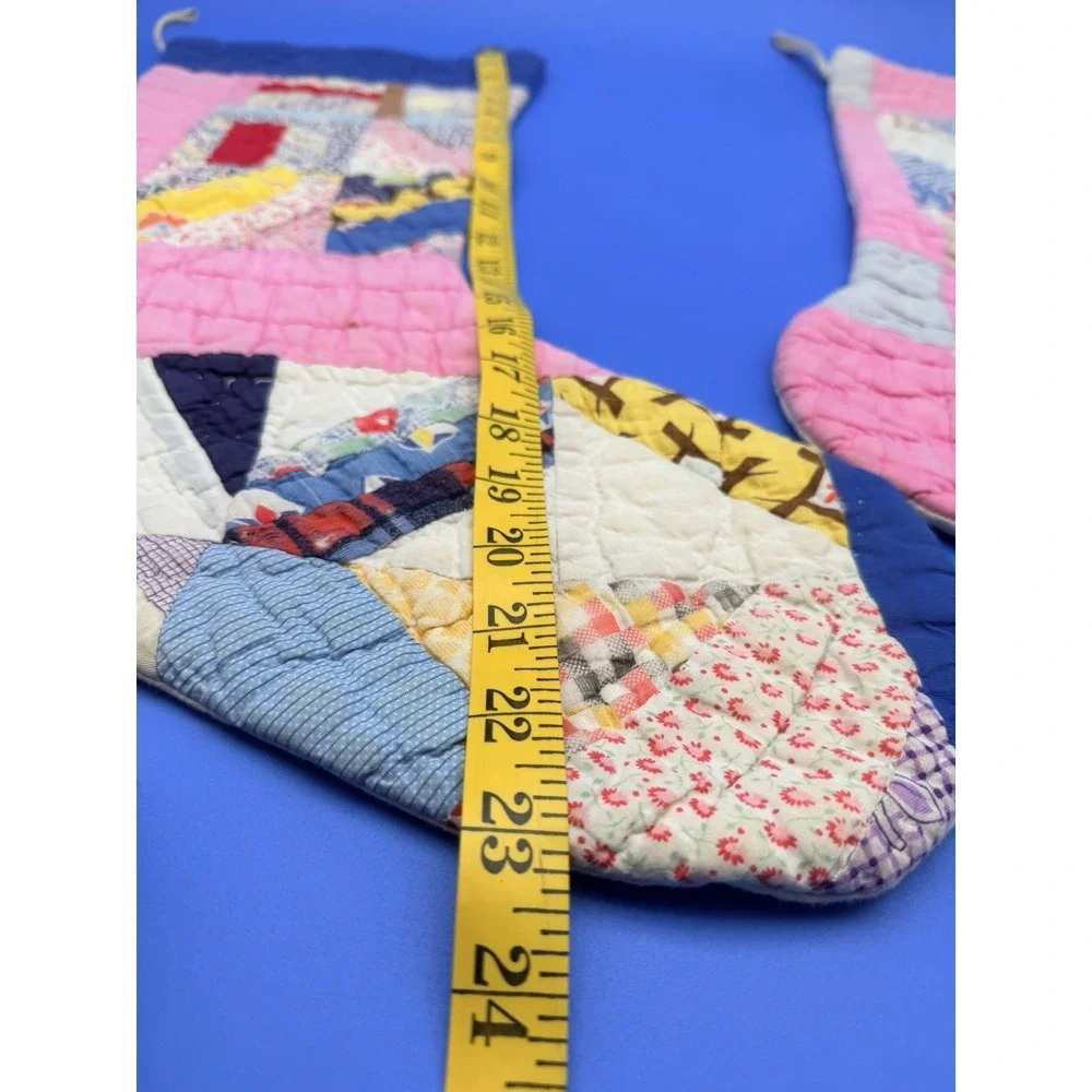 Vintage Handmade Patchwork Quilt Christmas Stockings Pair 23